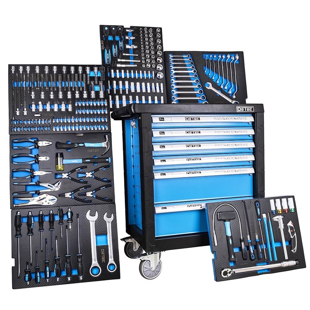 DeTec. 3066 Werkstattwagen 6/6 Schubladen gefüllt mit Werkzeug blau