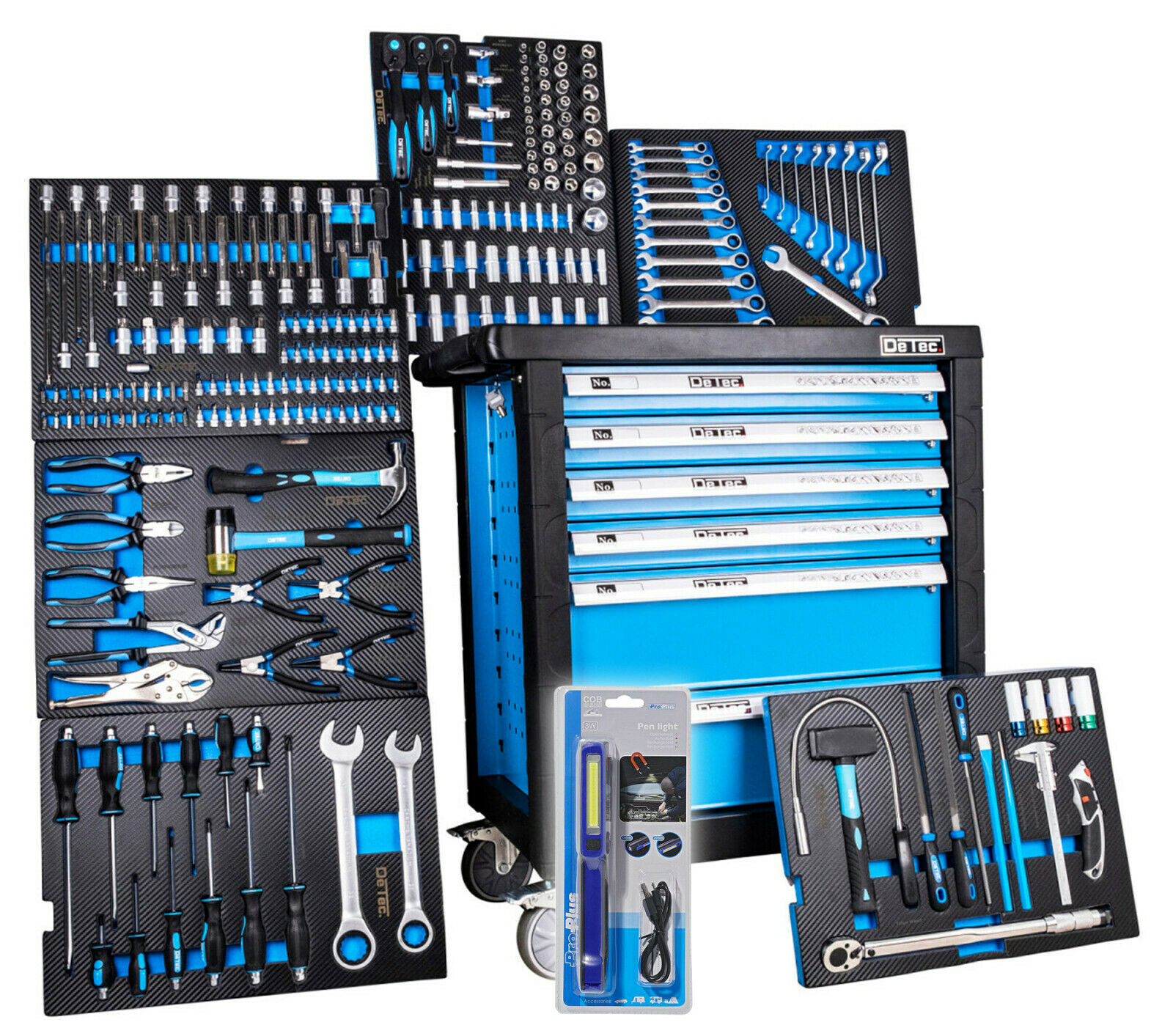 DeTec. 3066 blue Edition 6 Schubladen / 6 Werkzeug + COB Akku Kombiset'