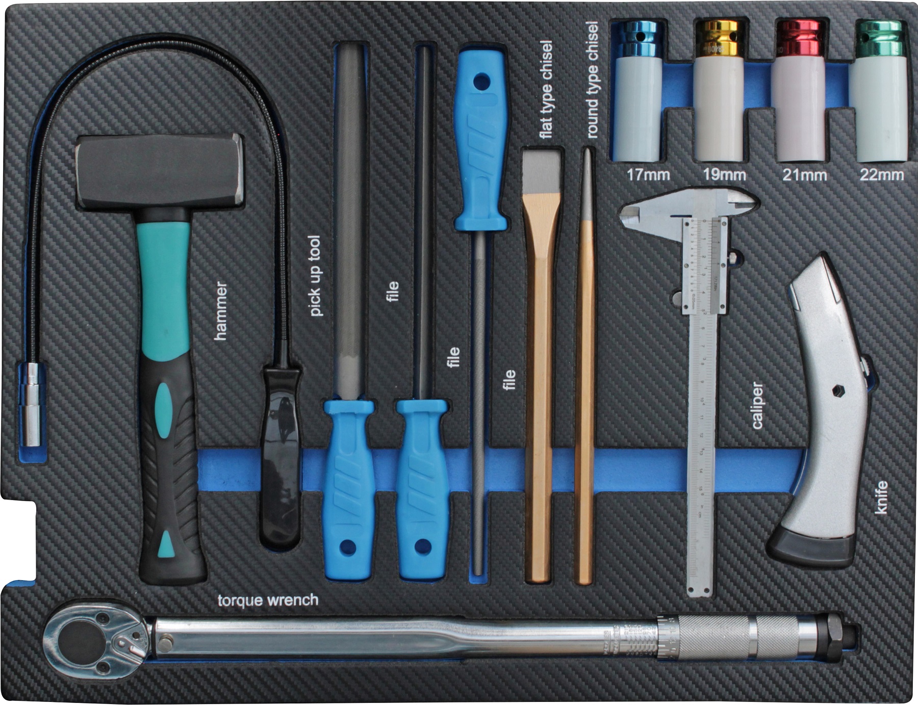 Werkzeugeinleger mit Fäustel, Drehmomentschlüssel, Felgennüsse, Meißel etc. in Carbon Optik